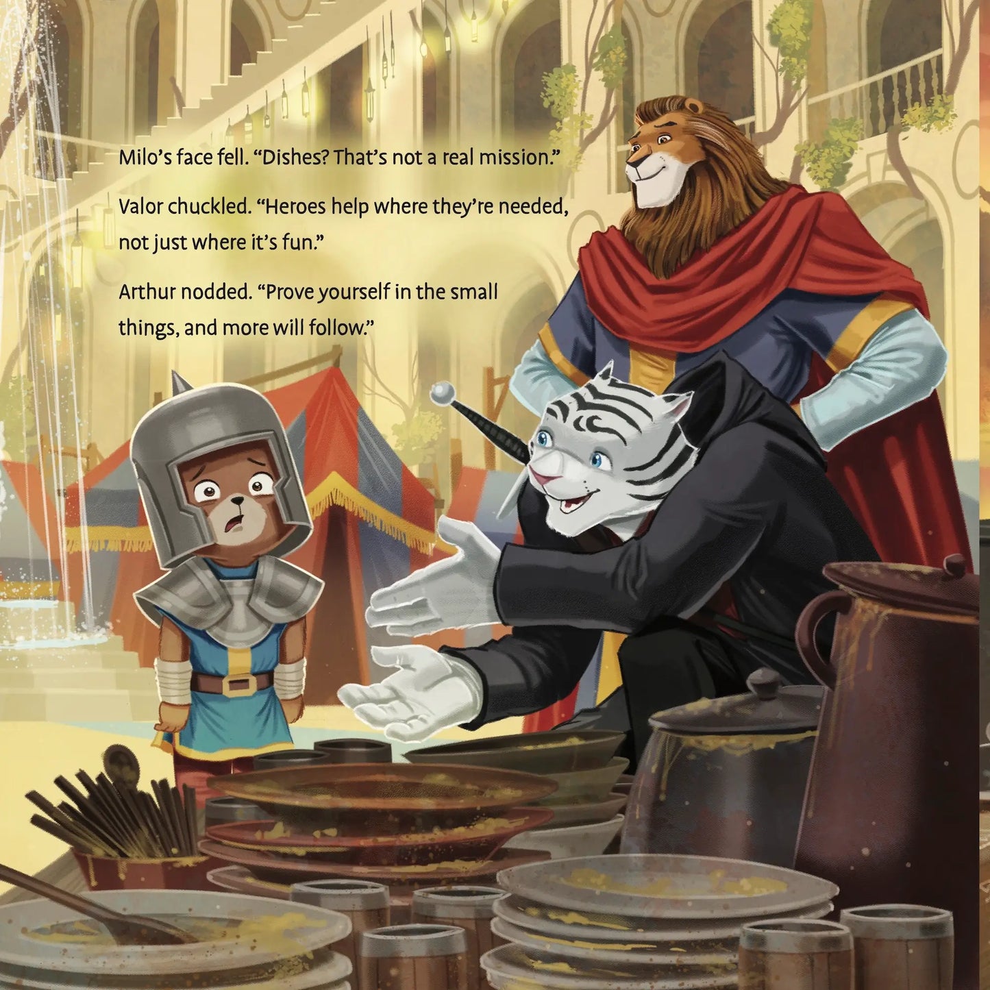 Illustration of a lion, tiger, and bear in a medieval setting with text overlay.