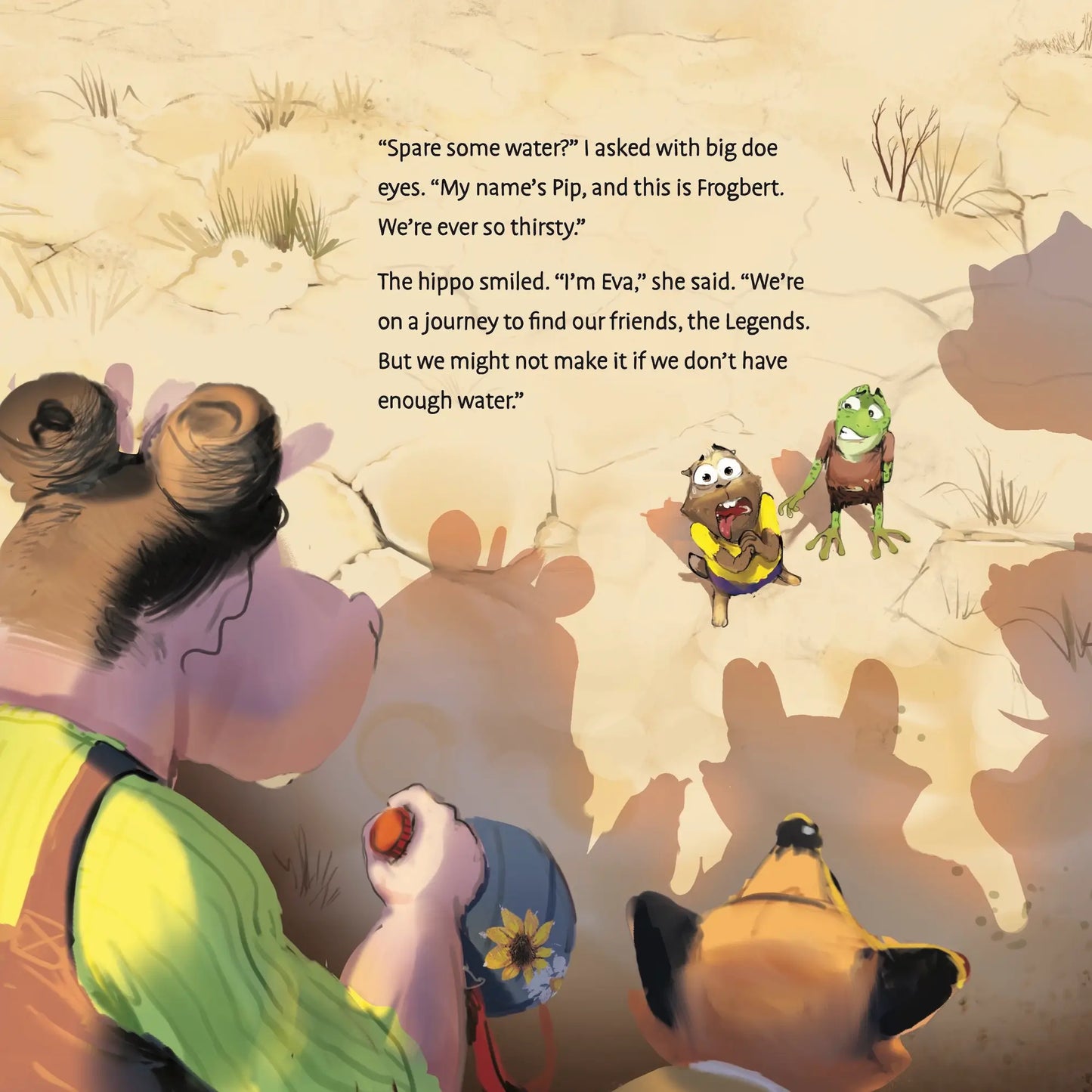 An interior page from "Pip's Selfish Sip" shows animals begging for water in the desert