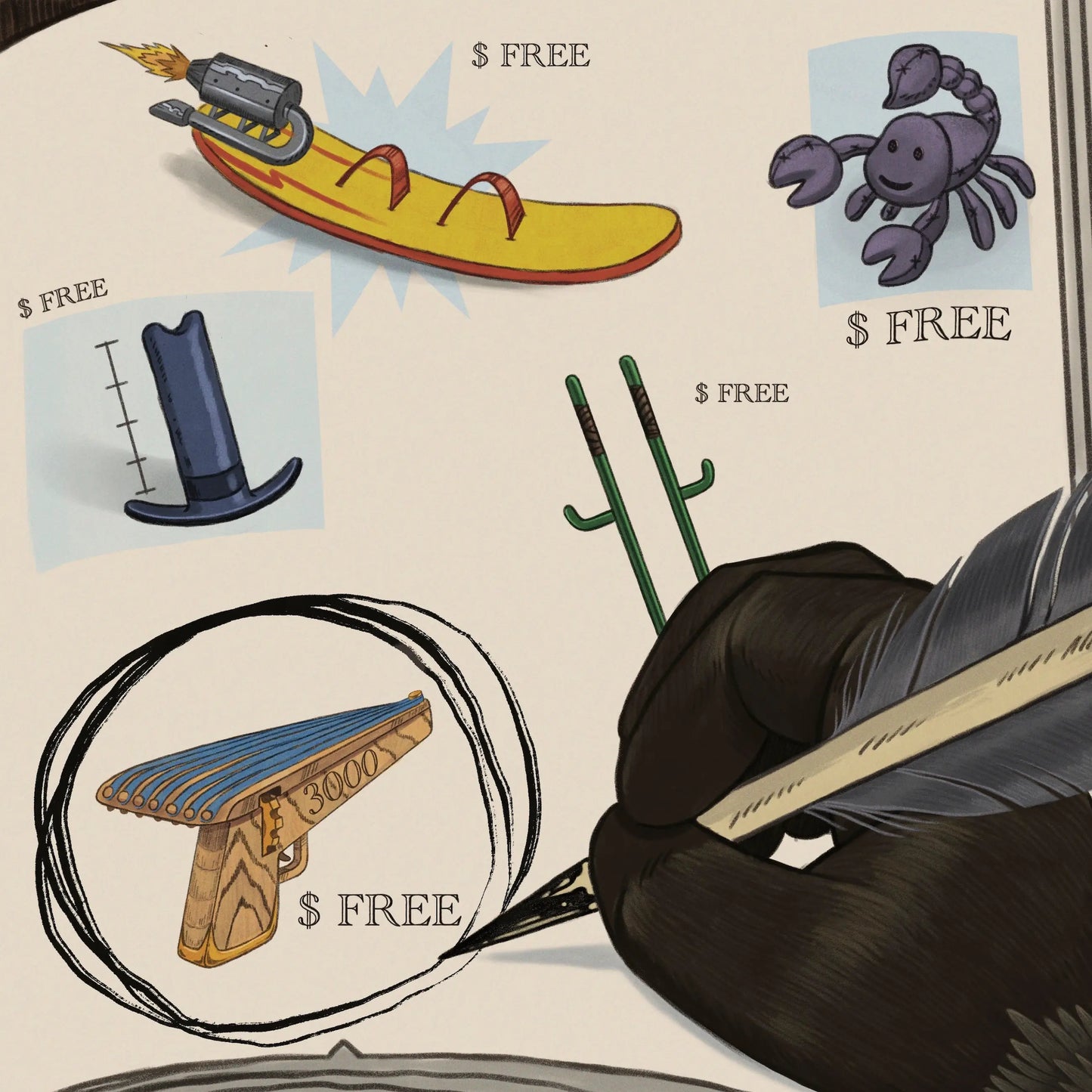 A hand grips a pen over an open page surrounded by assorted items on a table.