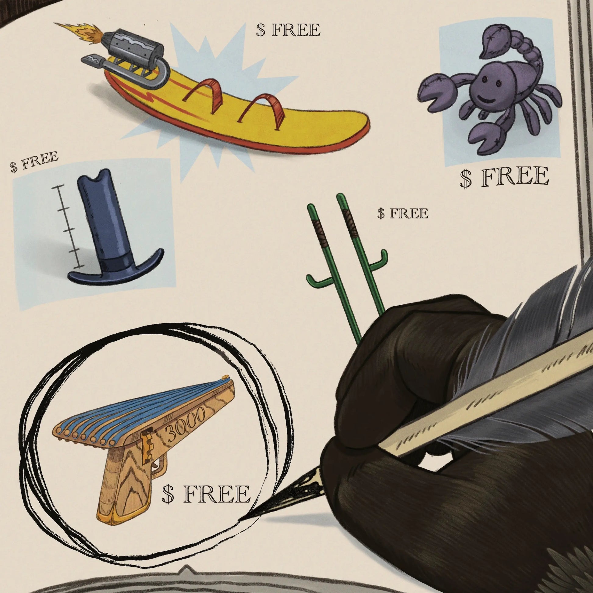 A hand grips a pen over an open page surrounded by assorted items on a table.