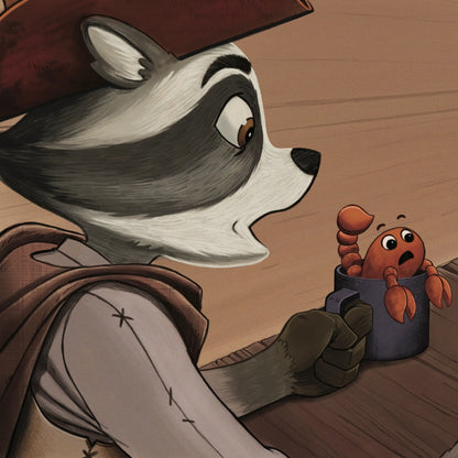  A cartoon raccoon in a cowboy hat a moment in the interior of "I Love Black Heart," a Christian children's book.