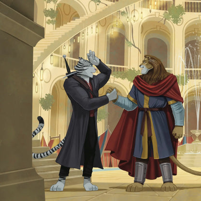 Two anthropomorphic characters, one tiger and one lion, in a formal setting with classical architecture.