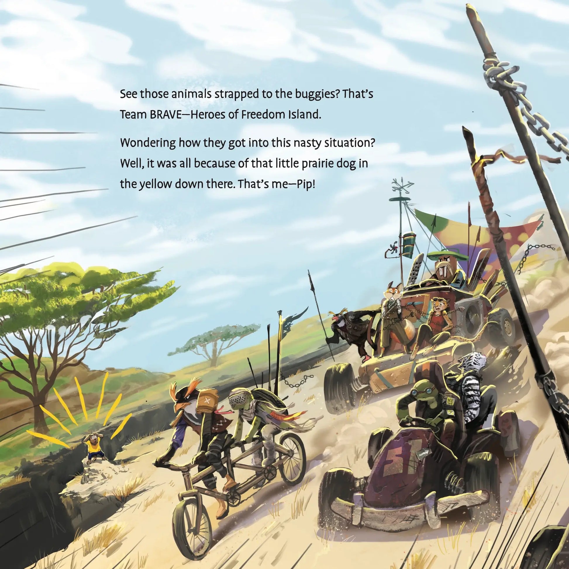 An interior page from "Pip's Selfish Sip" shows animals racing on bikes and go-karts