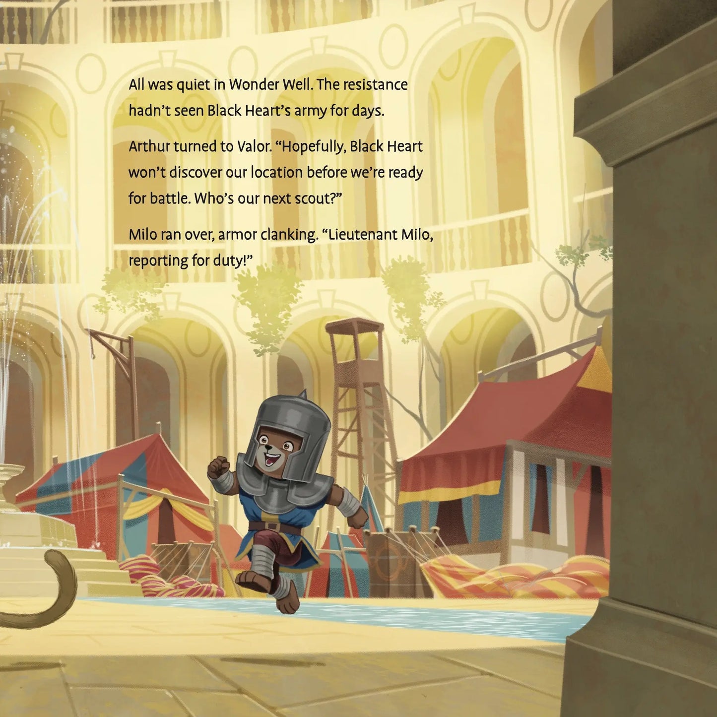 Illustration of a character in armor running through a castle courtyard with text overlay.