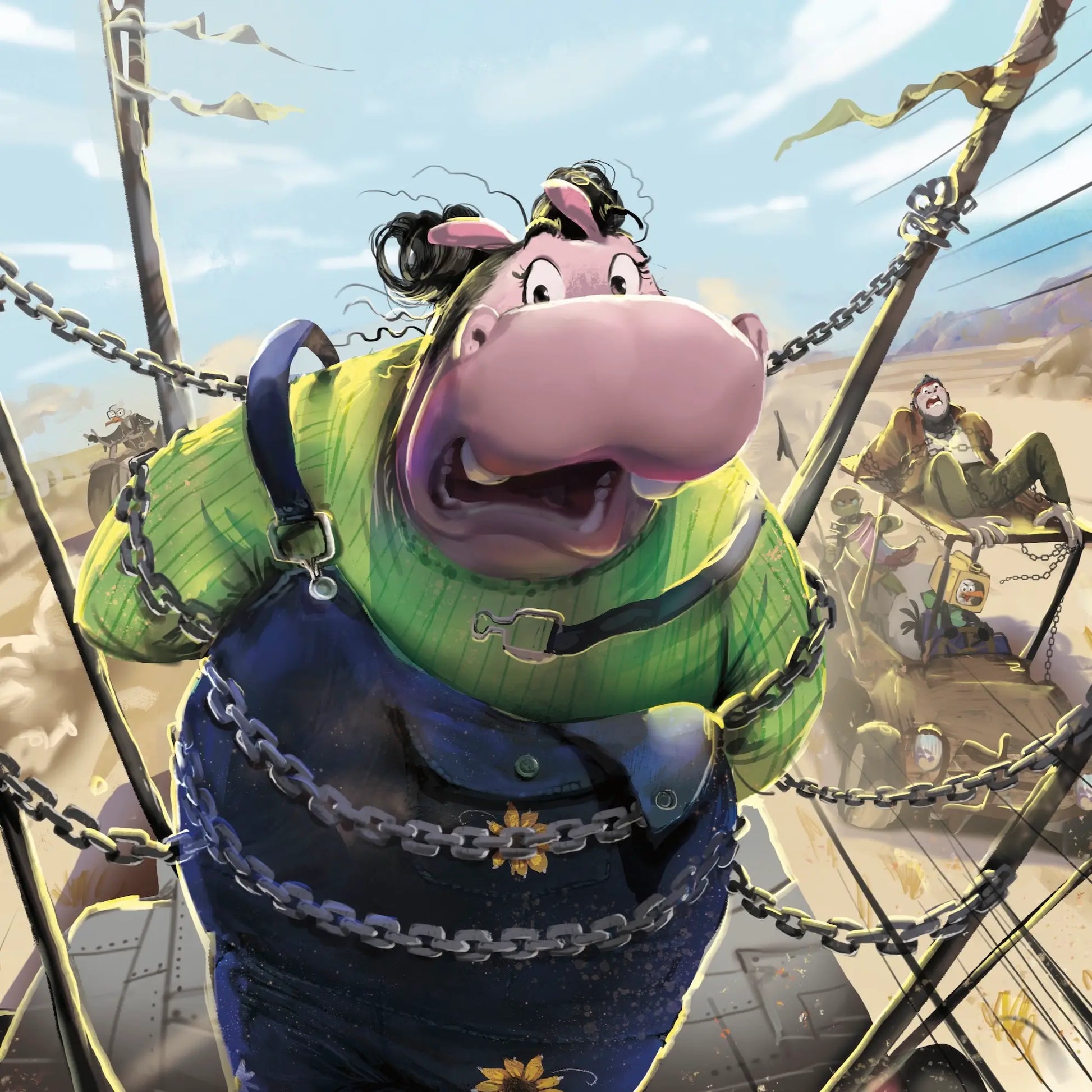 An interior page from "Pip's Selfish Sip" shows a hippo in chains
