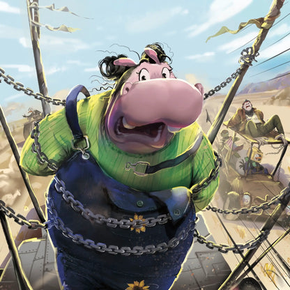 An interior page from "Pip's Selfish Sip" shows a hippo in chains