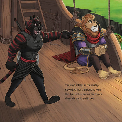 A lion in armor and a tiger pointing at him in BRAVE Books The Blame Game