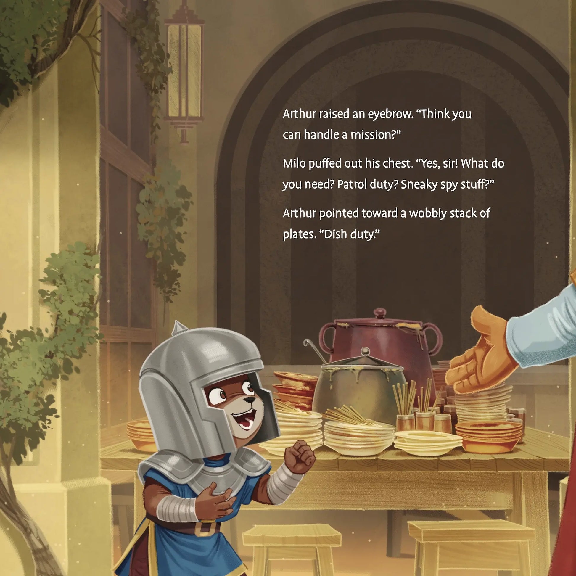 Animated scene with a character in armor interacting with another character in a kitchen setting.