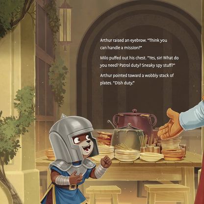 Animated scene with a character in armor interacting with another character in a kitchen setting.