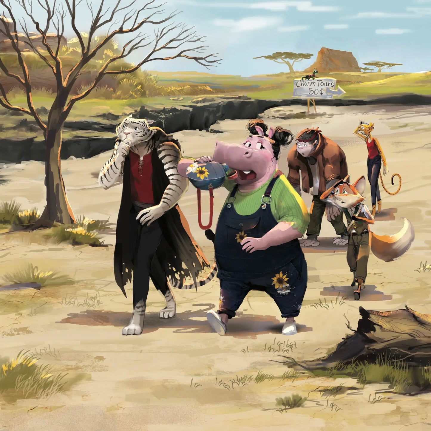 An interior page from "Pip's Selfish Sip" shows animals walking thirstily through the desert