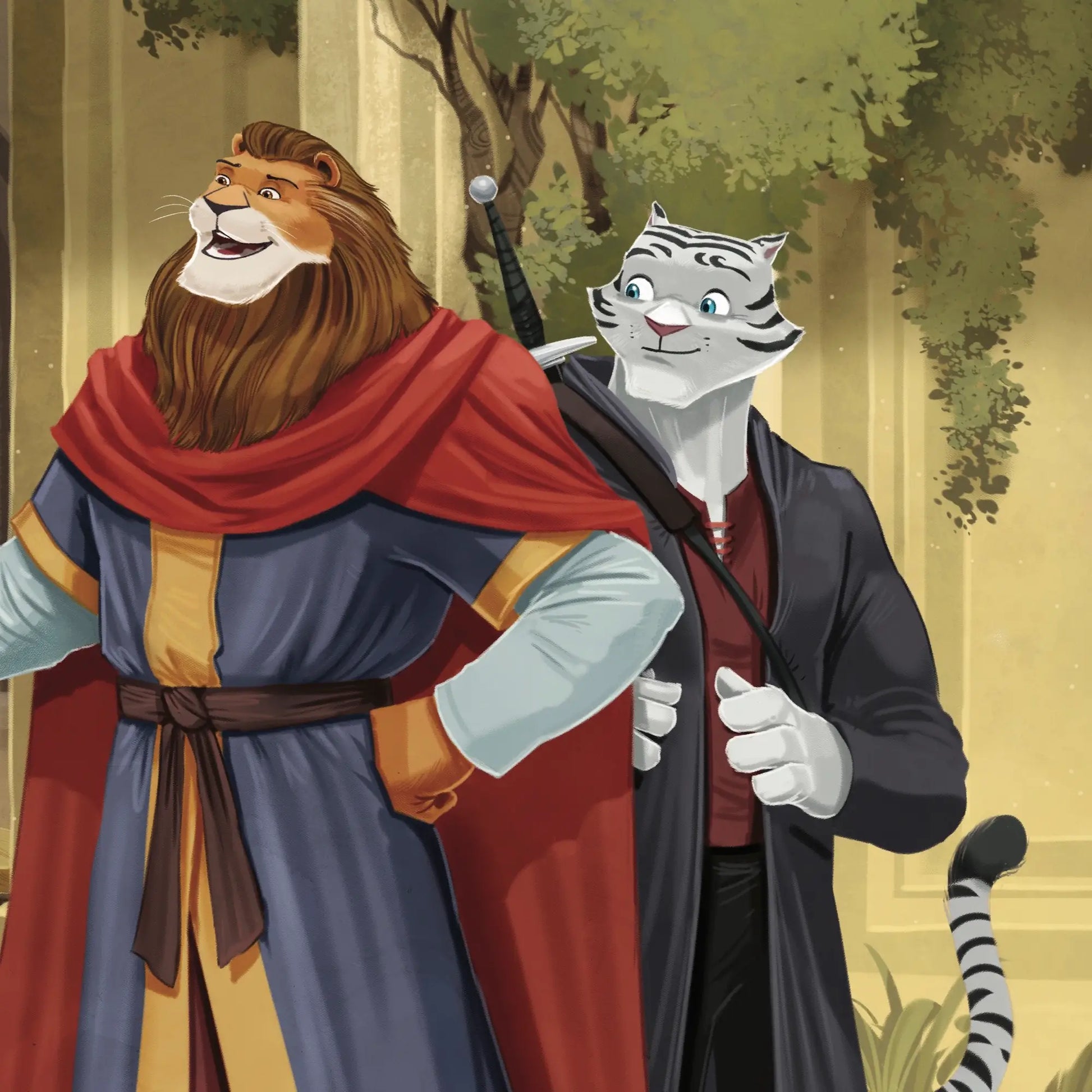 Illustration of a lion and a cat in formal attire with a zebra in the background.