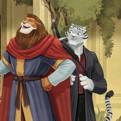 Illustration of a lion and a cat in formal attire with a zebra in the background.