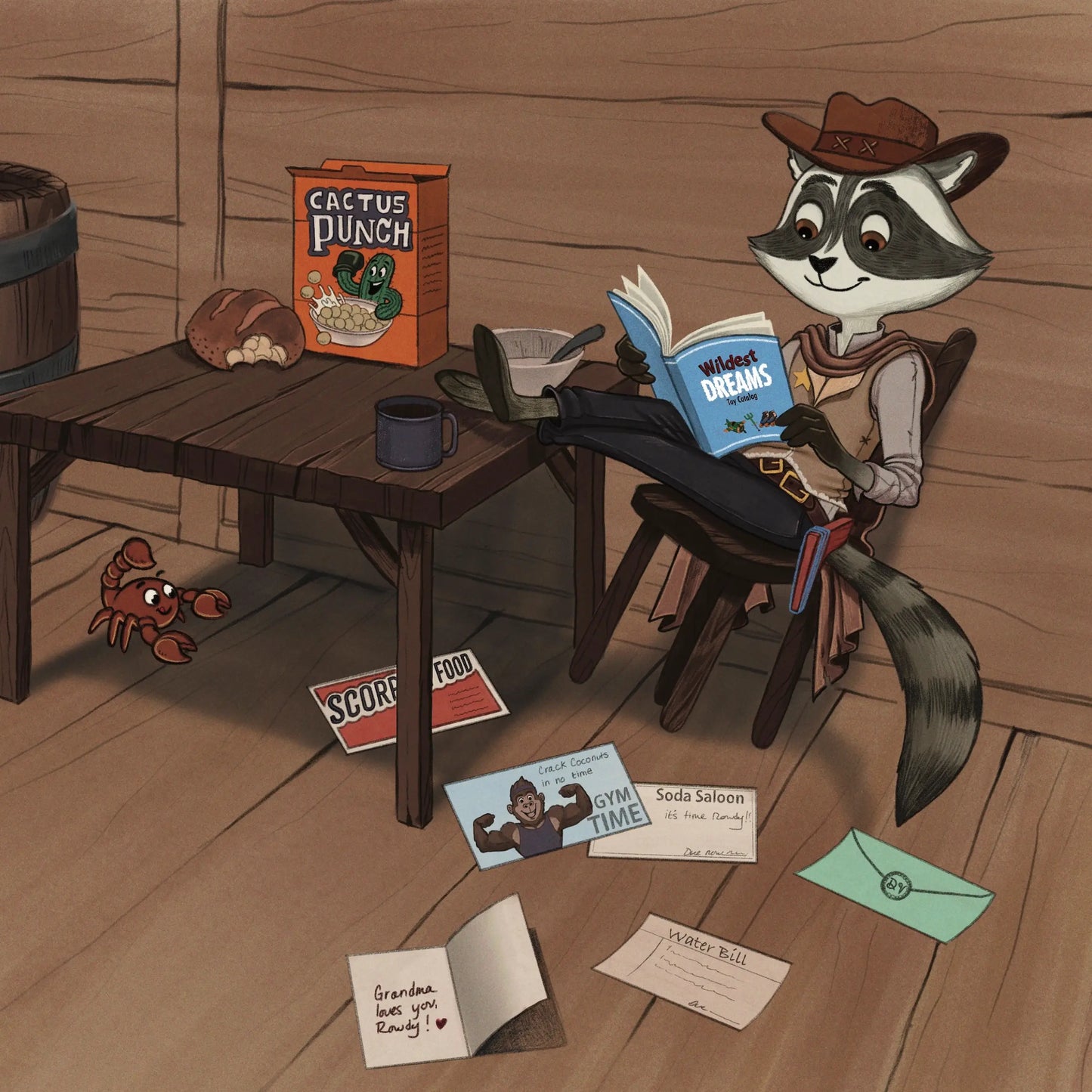 An interior page from "I Love Black Heart" shows a cartoon raccoon sitting at a table, deeply focused on a book.