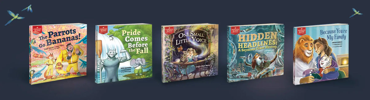 Five children's books displayed on a dark background