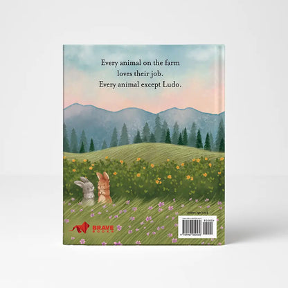 Book cover with illustration of two animals in a field and text about Ludo on a white background