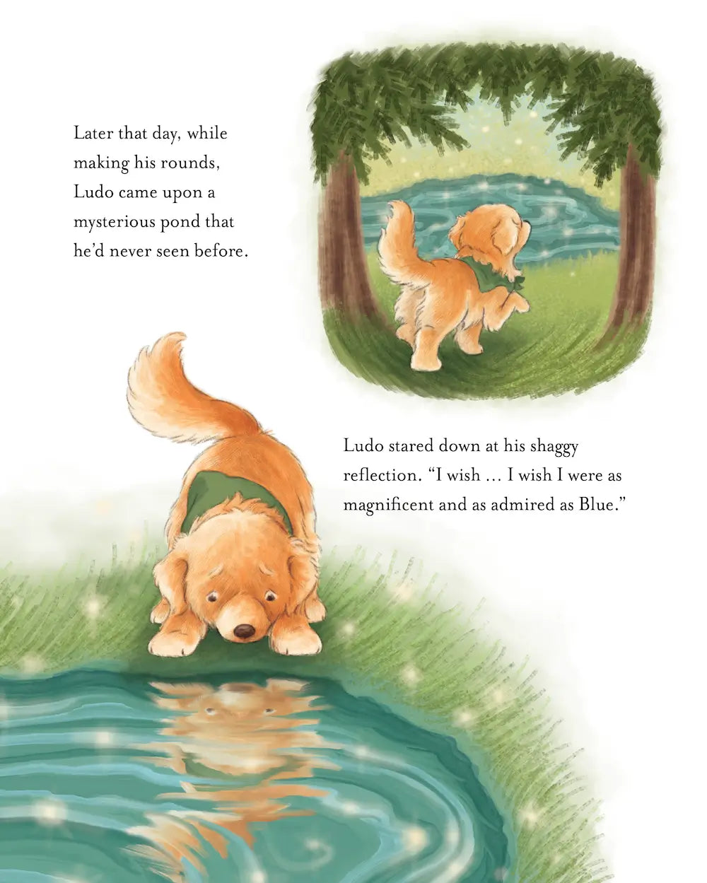 Illustration of a dog looking at his reflection in water with text about wishing to be as magnificent as another dog named Blue.
