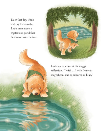 Illustration of a dog looking at his reflection in water with text about wishing to be as magnificent as another dog named Blue.