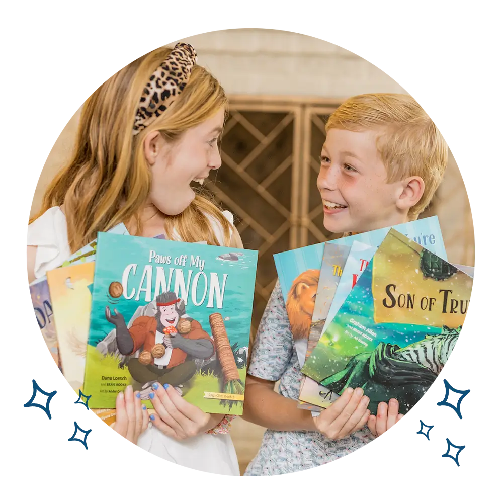 Two children holding books titled 'Paws off My Cannon' and 'Son of Truth'.
