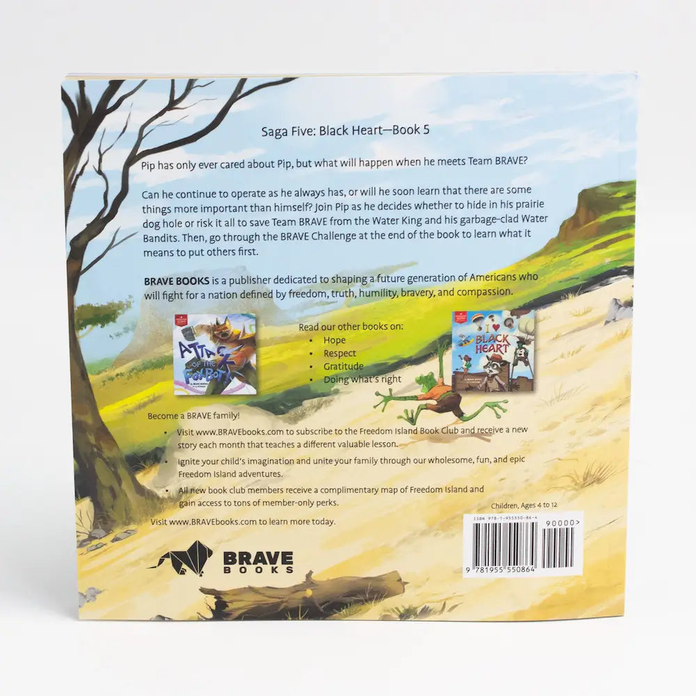 The back cover of the children's book, Pip's Selfish Sip by Brave Books