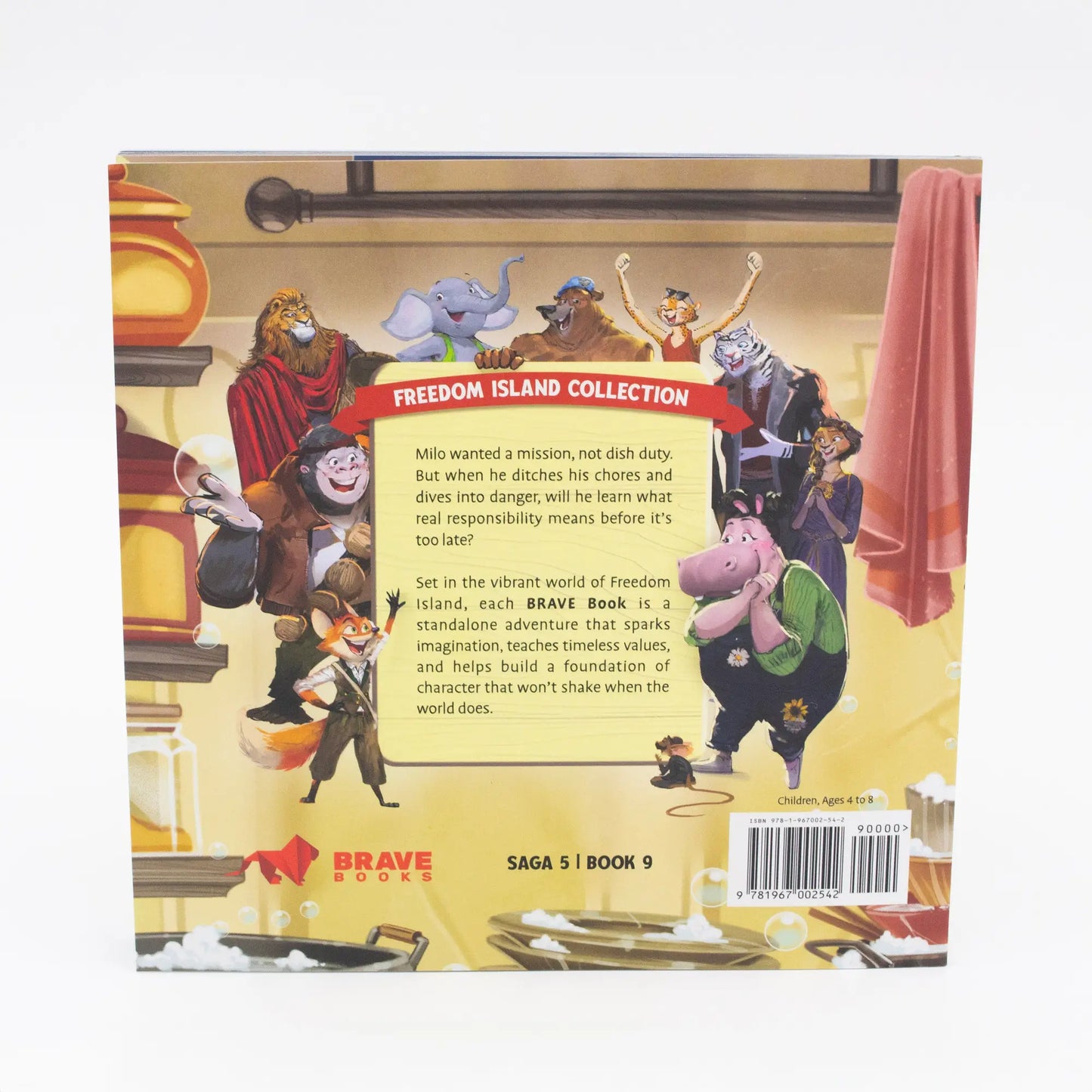 Back cover of a children's book titled 'Brave' with character illustrations and text.