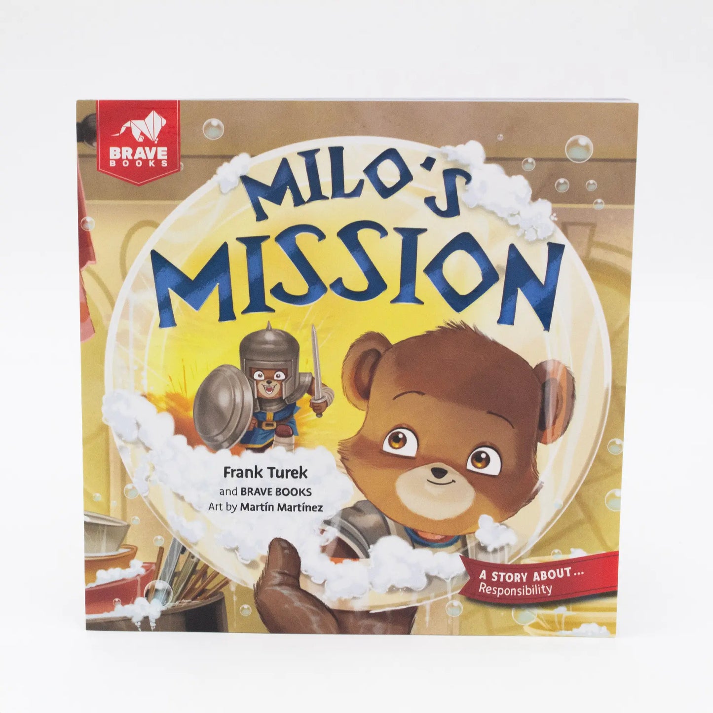 Book cover of 'Milo's Mission' featuring a bear and warrior character with the Brave Books logo.