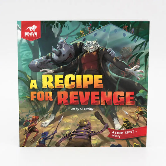 Book cover of 'A Recipe for Revenge' with animated characters in a jungle setting.