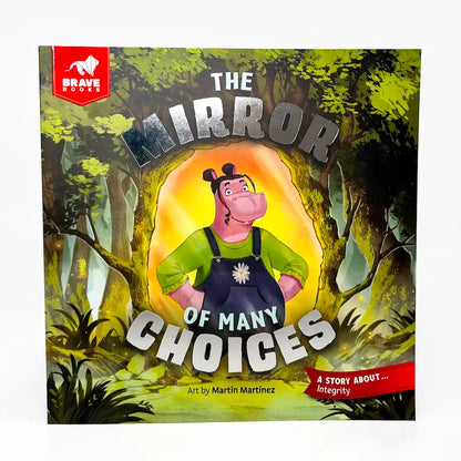 Book cover of 'The Mirror of Many Choices' with a cartoon character in a forest setting.