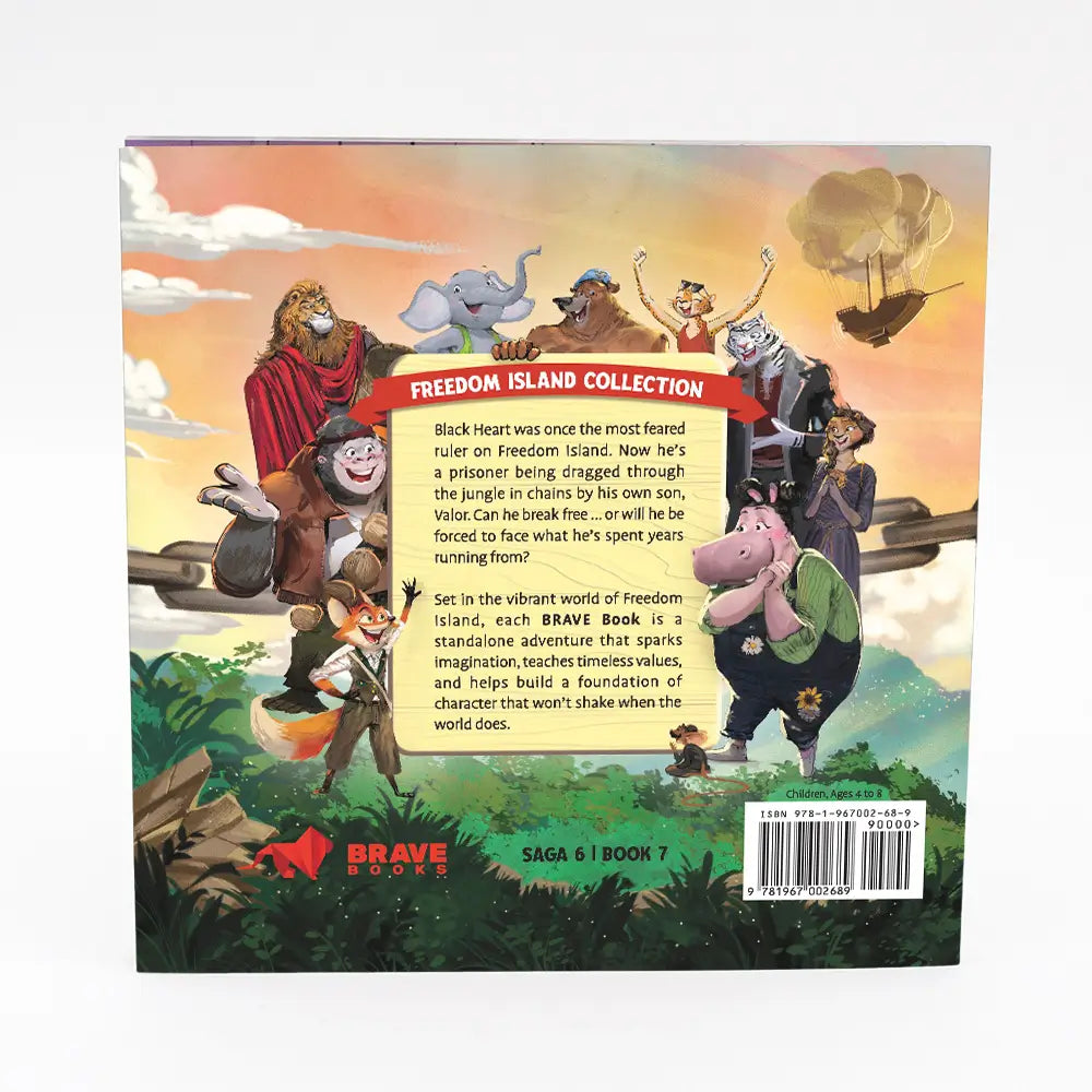 Back cover of a book featuring animated characters and text about the 'Brave' series on Freedom Island.