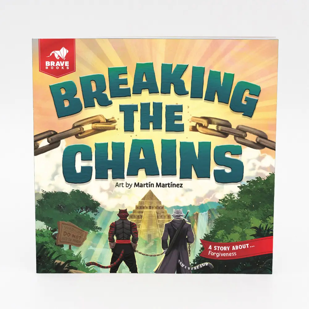 Book cover of 'Breaking the Chains' with two figures and a chain graphic on a colorful background.
