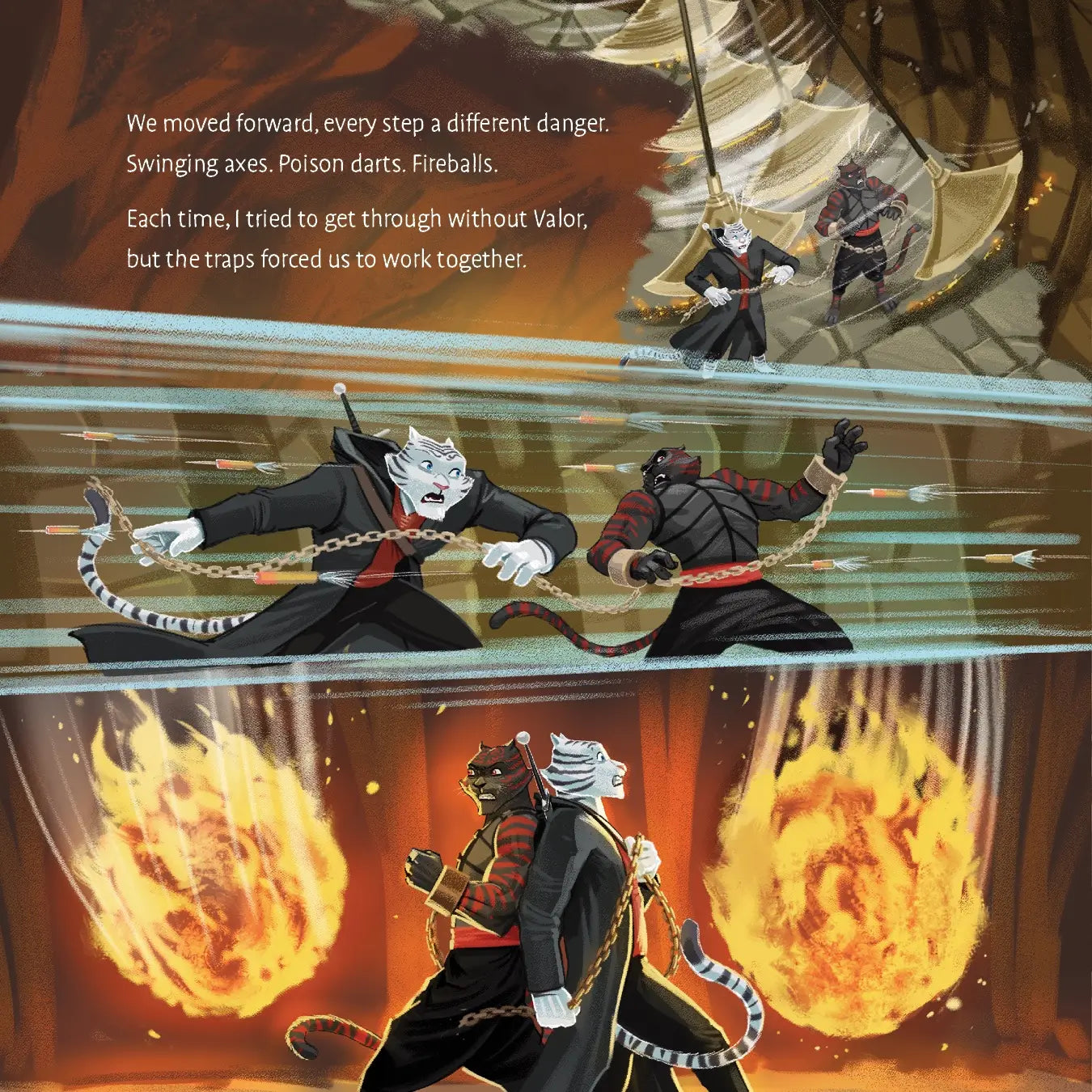 Illustration of two characters in a cave with traps and flames, text describing their journey.