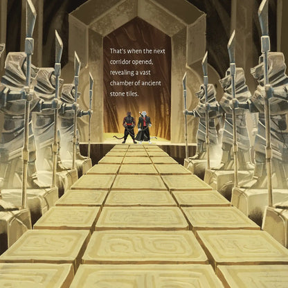 Two figures walking through a corridor lined with stone statues, with text overlay.