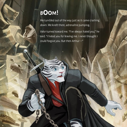 Character with a cat-like face in a dark, dramatic setting with text overlay.